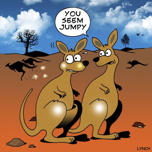 Cartoon: you seem jumpy (medium) by toons tagged kangaroos,australia,animals,jumpy,nervous,wits,end,breakdown,anxious,outback