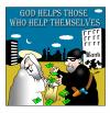 Cartoon: God helps those (small) by toons tagged religion,god,burglers,banks,money,robbery
