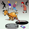 Cartoon: Oops (small) by toons tagged texting,dog,on,leash,manhole,careless,while,driving
