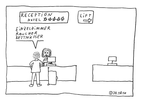 Cartoon: Einzelzimmer (medium) by Müller tagged bettnässer,urin,hotel,diskriminierung,ekel