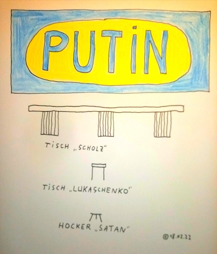 Cartoon: Putin Tisch Scholz (medium) by Müller tagged putin,russland,scholz,lukaschenko,tisch,hocker,satan