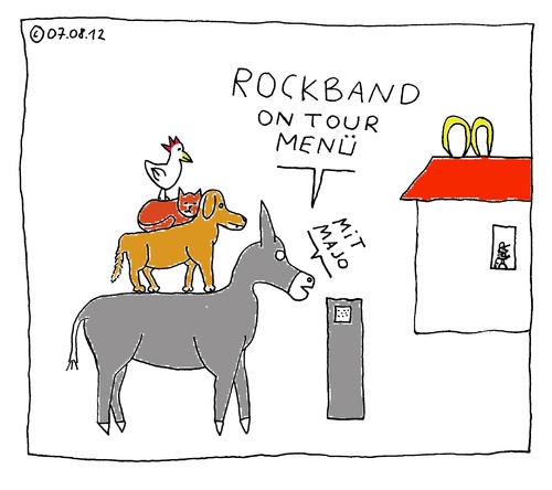 Cartoon: Rockband-on-Tour-Menü (medium) by Müller tagged rockband,tour,menü,burger,bremerstadtmusikanten,townfiddlers