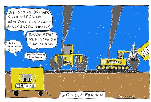 Cartoon: Sozialer Frieden (medium) by Müller tagged kanzlerin,sozialerfrieden,bauarbeiter,strasse,sprengsatz,bombe,terrorismus,mcdonaldacademie