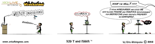 Cartoon: KID T and ASSiR - page 5 - WRECK (medium) by ericshimpeno tagged kid,assir,eric,shimpeno,cinema,4d,comic,strip,sketch,toon,xbox,arcade,live,kinect,wreckateer