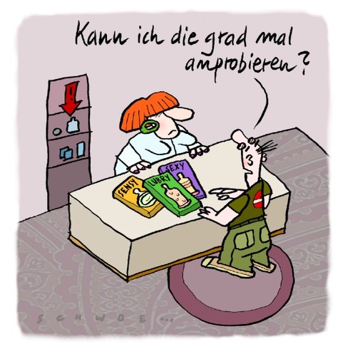 Cartoon: Anprobe (medium) by schwoe tagged präservativ,kondom,anprobe,größe,apotheke,drogerie