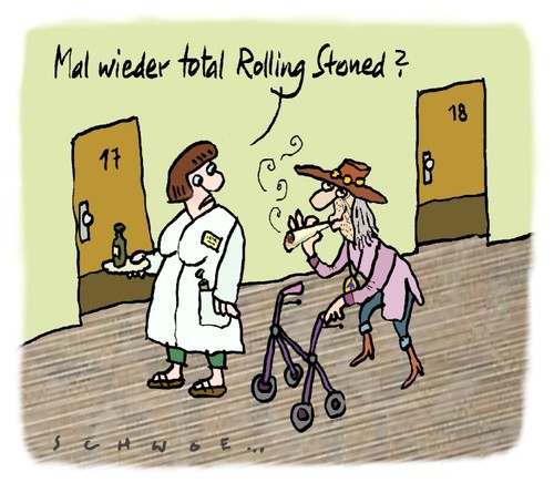 Cartoon: Rolling Stoned (medium) by schwoe tagged rollator,hippie,joint,stoned,hasch,seniorenheim,senior