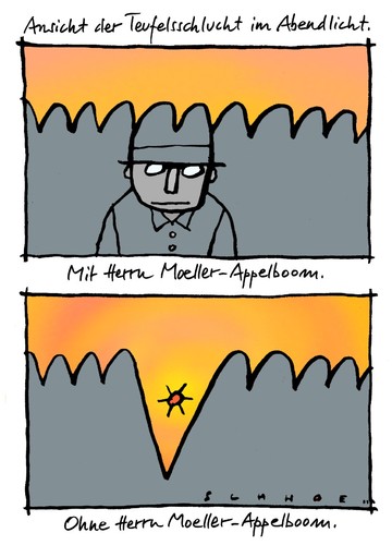 Cartoon: Teufelsschlucht (medium) by schwoe tagged alpen,wandern,foto,abendrot,hut,transparenz