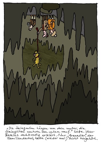 Cartoon: Tropfstein (medium) by schwoe tagged höhle,tropfsteinhöhle,stalagmiten,stalagtiten,definition