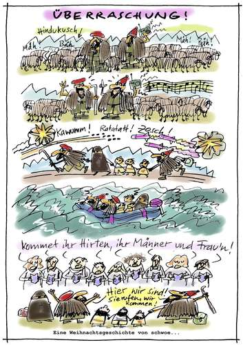 Cartoon: Überraschung (medium) by schwoe tagged weihnachten,flüchtlinge,hirten,kirche,lied,gemütlichkeit,schafe,willkommen,willkommenskultur