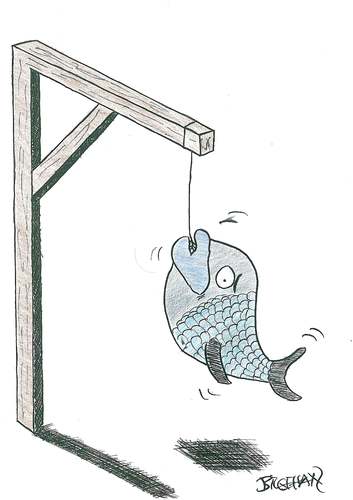 Cartoon: is fishing a punishment? (medium) by bilgehananil tagged fish,death,hanging,fishing,idam,daragaci,ballik