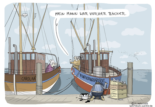 Cartoon: Im Hafen (medium) by H Mercker tagged boot,bootstaufe,brot,bäcker,bäckerei,fisch,fischkutter,fünfkornquarkbroot,hafen,namen,schiff,schiffstaufe