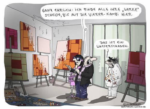 Cartoon: Vierer-Kombi (medium) by H Mercker tagged finissage,kritik,kritiker,kunst,künstler,maler,vernissage,wasser,wasserschaden,werk,zeichner