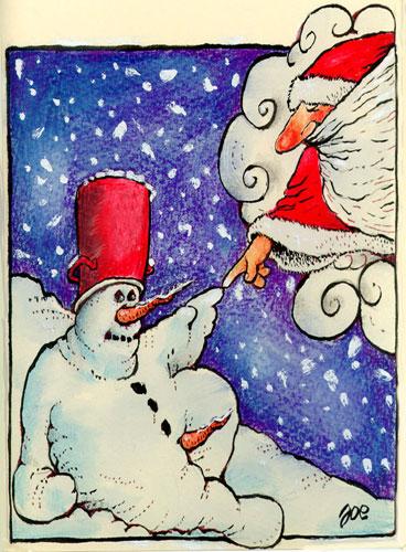 Cartoon: creation (medium) by bekesijoe tagged cartoon,,weihnachten,weihnachtsmann,santa claus,frosty the snowman,winter,feiertag,michelangelo,sixtinische kapelle,erschaffung,gott,kreation,religion