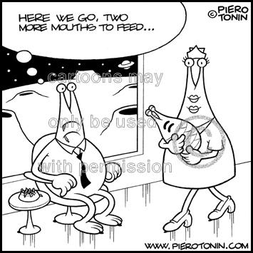 Cartoon: Newborn (medium) by Piero Tonin tagged newborn,newborns,baby,babies,infant,infants,alien,aliens,father,fathers,dad,dads,parent,parents,parenting,food,feed,science,fiction