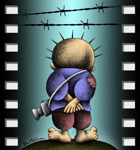 Cartoon: Handala Witness (medium) by BenHeine tagged mohammed,omer,rafah,today,handala,photographer,palestinian,symbol,palestine,israel,photo,roll,photography,camera,alone,sole,solely,tragedy,homeless,families,witness,barbled,wire,fils,barbeles