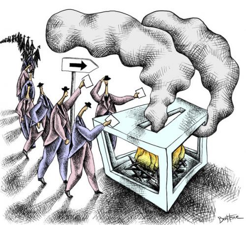 Cartoon: Is this Democracy? (medium) by BenHeine tagged democracy,citizenship,ballot,citizen,democrat,elections,electors,arrow,cloud,fumes,benheine,path,way,travel,destiny,tiranny,dictature,dictatorship,fleche,