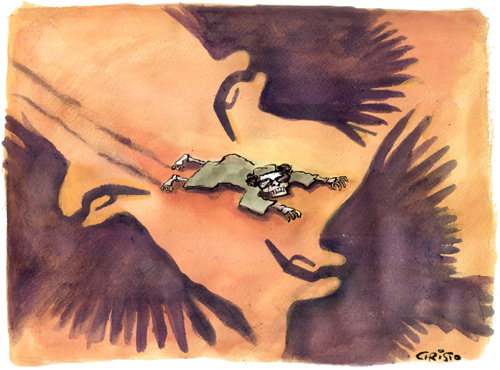 Cartoon: Vultures in the Libyan desert (medium) by Christo Komarnitski tagged moammar,gadhafi,libya,oil,war,europe,world