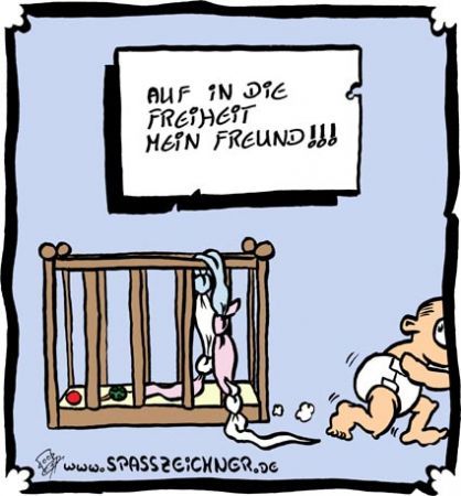 Cartoon: Freiheitsdrang (medium) by Clemens tagged laufstall,baby,ausbruch,freiheit