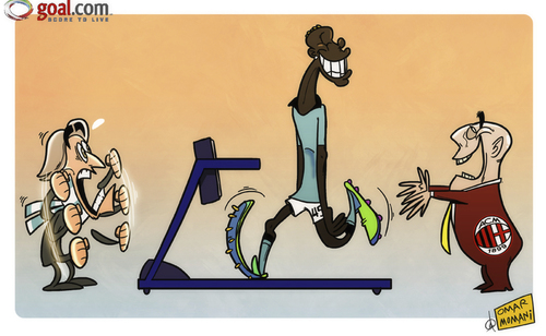 Cartoon: Balotelli made to work for Man C (medium) by omomani tagged ac,milan,balotelli,galliani,manchester,city,mancini,treadmill
