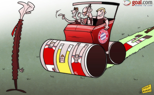 Cartoon: Bayern steamroller sorry Gunners (medium) by omomani tagged arsenal,bayern,munich,champions,league,per,mertesacker,philipp,lahm,ribery,thomas,vermaelen,toni,kroos,wenger,wojciech,szczesny