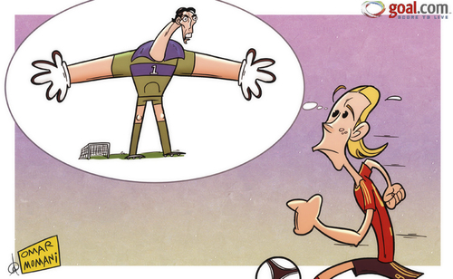 Cartoon: Buffon blocks goal-shy Torres (medium) by omomani tagged buffon,euro,2012,italy,spain,torres