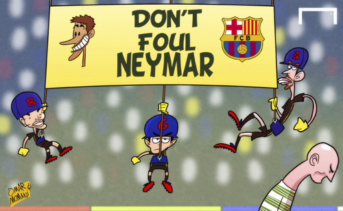 Cartoon: Dont touch Neymar (medium) by omomani tagged barcelona,celtic,champions,league,iniesta,neymar,pique,scott,brown,xavi