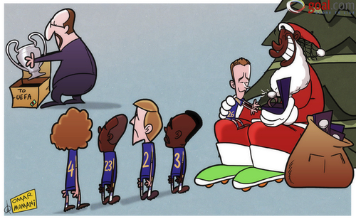 Cartoon: Drogba brings the bling (medium) by omomani tagged ashley,cole,branislav,ivanovic,champions,league,chelsea,daniel,sturridge,david,luiz,drogba,john,terry,rafael,benitez,santa,claus