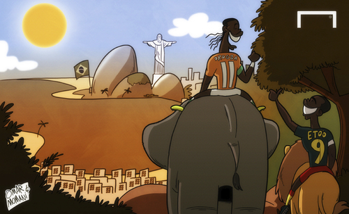 Cartoon: Elephants and Lions to Brazil (medium) by omomani tagged cameroon,cote,ivoire,drogba,etoo,world,cup,qualifications