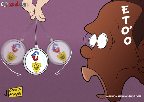 Cartoon: Etoo to Anzhi? (medium) by omomani tagged etoo,inter,milan,anzhi,makhachkala,cameroon,italy,russia,serie,russian,premier,league,soccer,football,hypnotize,clock