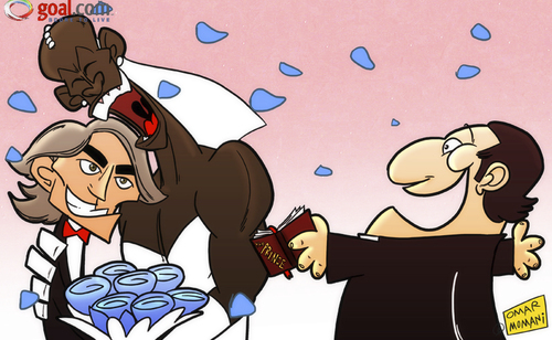 Cartoon: Mancini and Balotelli (medium) by omomani tagged wedding,raiola,mino,mancini,city,manchester,groom,bride,balotelli