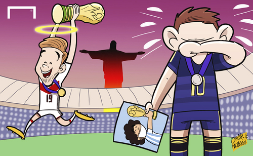 Cartoon: Messi in tears as Gotze wins (medium) by omomani tagged argentina,diego,maradona,germany,gotze,messi,world,cup,2014