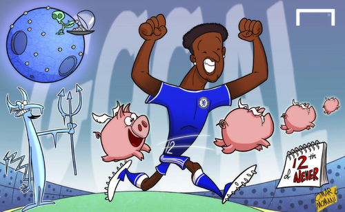 Cartoon: Mikel scores for Chelsea (medium) by omomani tagged chelsea,jon,obi,mikel,premier,league