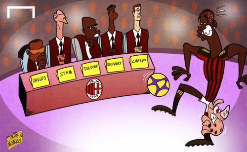 Cartoon: Milan stars face Seedorf (medium) by omomani tagged davids,edgar,seedorf,clarence,balotelli,milan,ac,hernan,crespo,jaap,stam,patrick,kluivert