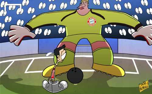 Cartoon: Miss it Ozil (medium) by omomani tagged arsenal,bayern,munich,champions,league,neuer,ozil