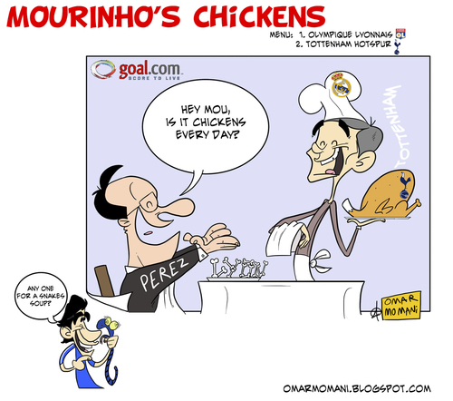 Cartoon: Mourinhos Chickens (medium) by omomani tagged mourinho,perez,raul,real,madrid,shalke,inter,tottenham,lyon,champions,league
