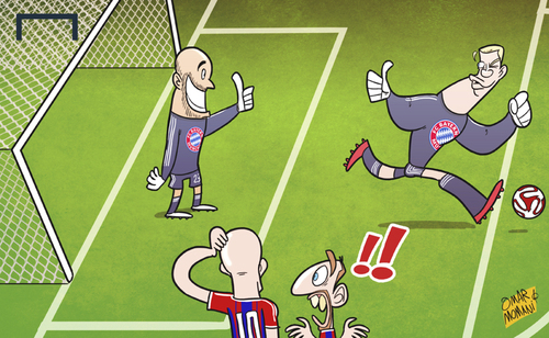 Cartoon: Neuer unleashed (medium) by omomani tagged arjen,robben,bayern,munich,neuer,reina,ribery