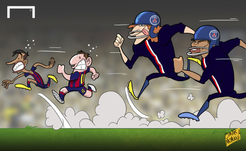 Cartoon: PSG out to stop Messi and Neymar (medium) by omomani tagged barcelona,blanc,champions,league,david,luiz,messi,neymar,paris,saint,germain,thiago,silva