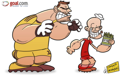 Cartoon: Robben seeks spinach strength (medium) by omomani tagged arjen,robben,bayern,munich,bluto,casillas,champions,league,popeye,real,madrid