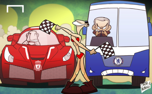 Cartoon: Rodgers and Mourinho gear up (medium) by omomani tagged chelsea,rodgers,brendan,liverpool,mourinho,premier,league,suarez
