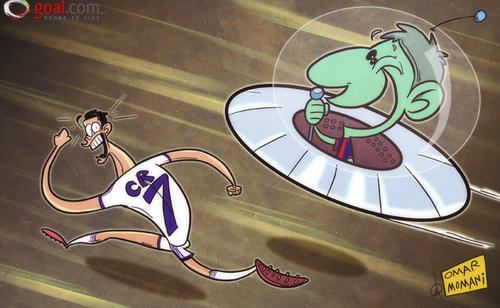 Cartoon: Ronaldo runs from Messi (medium) by omomani tagged barcelona,cristiano,ronaldo,messi,real,madrid