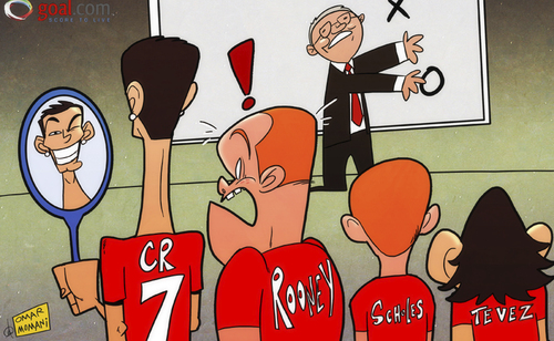 Cartoon: Rooney shocked at Ronaldo (medium) by omomani tagged cristiano,ronaldo,ferguson,manchester,united,rooney,scholes,tevez