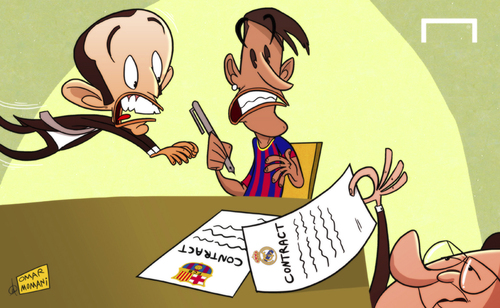 Cartoon: Rosell reveals Neymar battle (medium) by omomani tagged rosell,madrid,real,perez,neymar,barcelona