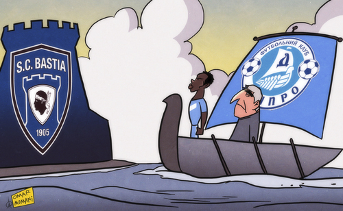 Cartoon: Samuel Inkoom arrives to Bastia (medium) by omomani tagged dnipro,juande,ramos,samuel,inkoom,sc,bastia