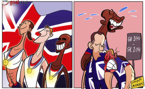 Cartoon: Team GB miss out (medium) by omomani tagged craig,bellamy,danny,sturridge,gb,greg,rutherford,jessica,ennis,london,2012,olympic,mo,farah,ryan,giggs