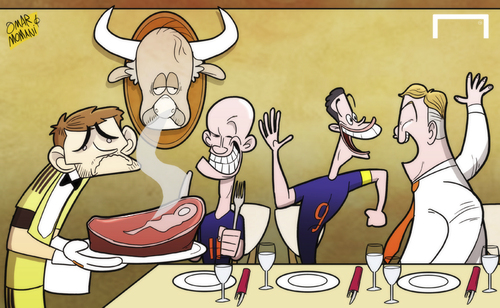 Cartoon: Tuck into Spanish feast (medium) by omomani tagged arjen,robben,casillas,del,bosque,netherlands,spain,van,gaal,persie,world,cup,2014