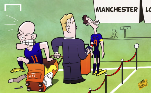 Cartoon: Van Gaal heads for Manchester U (medium) by omomani tagged arjen,robben,manchester,united,netherlands,van,gaal,persie,world,cup,2014