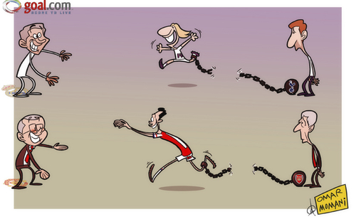 Cartoon: Van Persie n Modric break free (medium) by omomani tagged arsenal,ferguson,manchester,united,modric,mourinho,real,madrid,tottenham,van,persie,villas,boas,wenger