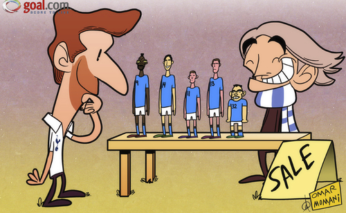 Cartoon: Villas Boas first in line (medium) by omomani tagged adam,johnson,aleksandar,kolarov,emmanuel,adebayor,manchester,city,mancini,roque,santa,cruz,tevez,tottenham,villas,boas