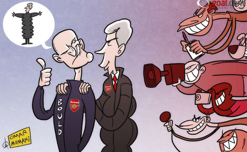 Cartoon: Wenger and Bould display united (medium) by omomani tagged wenger,steve,bould,arsenal