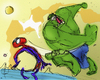 Cartoon: Hulk against Spiderman (small) by omomani tagged hulk,spiderman,marvel,space,fight